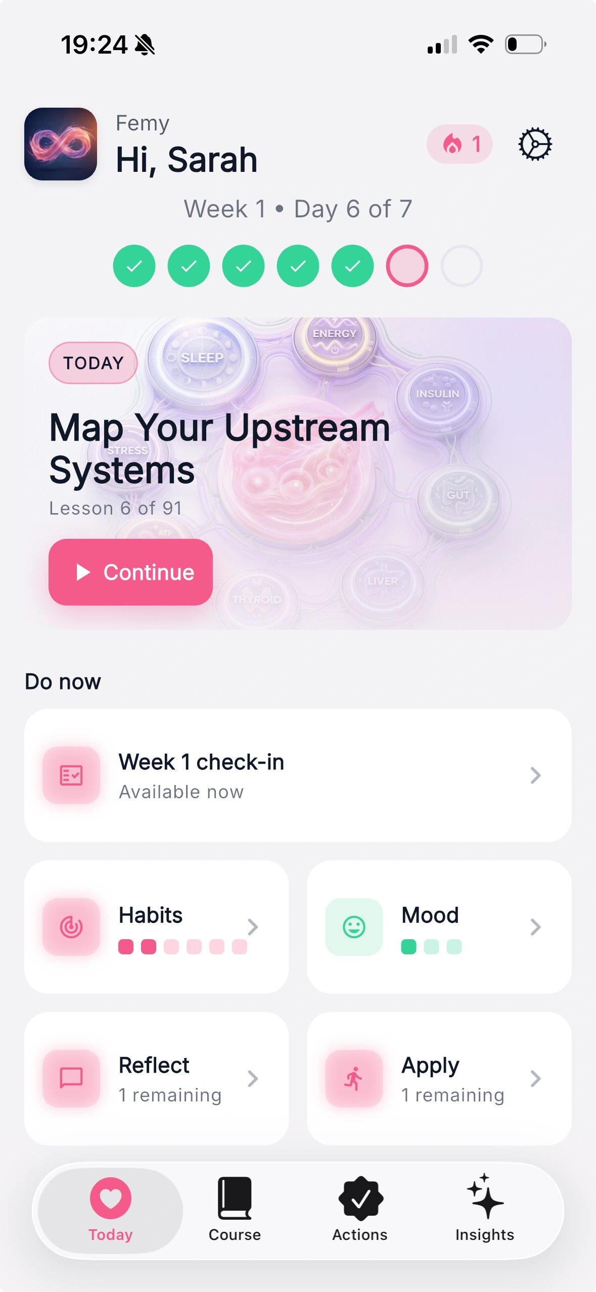 Femy daily dashboard showing progress, lessons, and habits